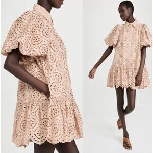 Beulah Style Puff Sleeve Smock Mini Dress Beige Lage Eyelet Peasant Whimsy